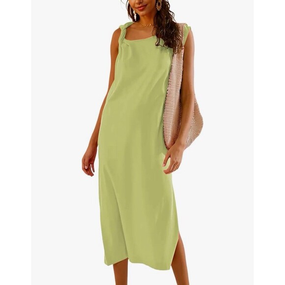 🌿🎨 NEW Riatour XS Pale Green Midi Dress –  Asymmetric Straps, Cotton, Pockets - Picture 1 of 10